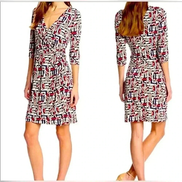Laundry Shelli Segal Patterned 3/4 Sleeve Faux Wrap Dress Size S - Picture 1 of 14